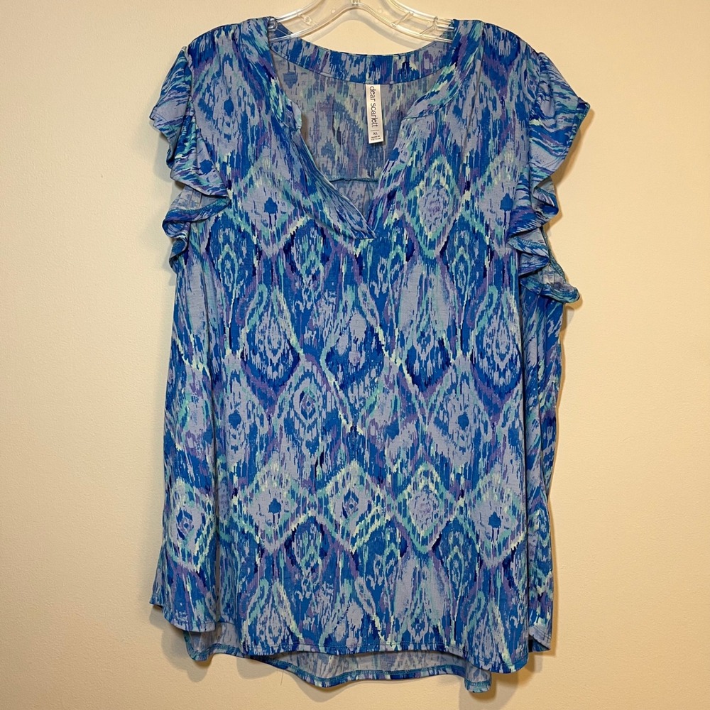 Dear Scarlett Lizzy Blouse Short Sleeve Flutter Top Blue Pink Floral Size XL